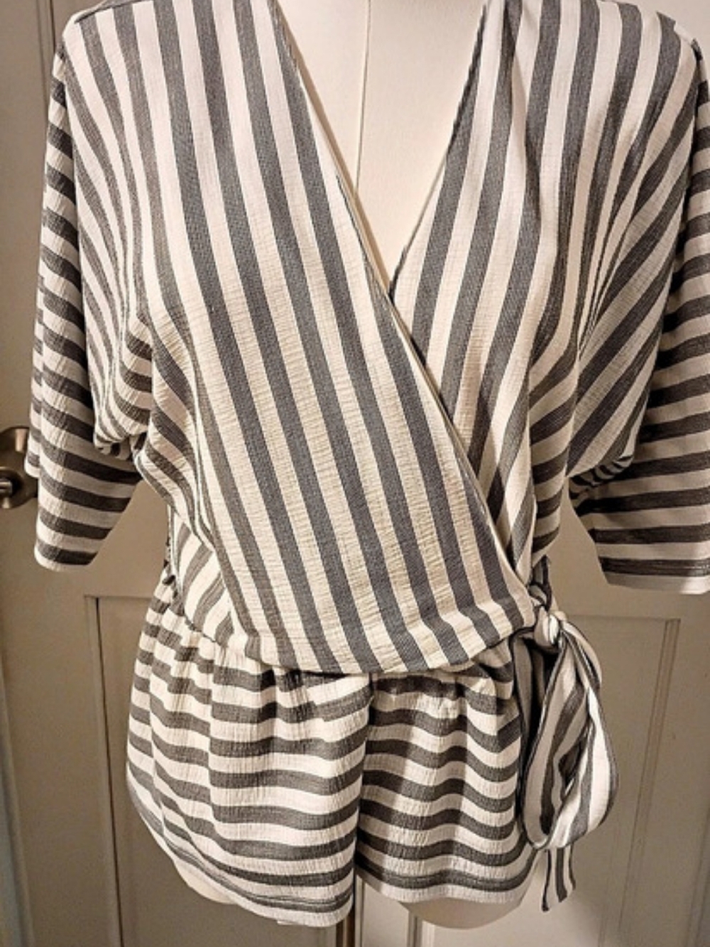 DKNY White and Gray Striped Peplum Wrap Blouse White & Gray Striped Peplum Wrap